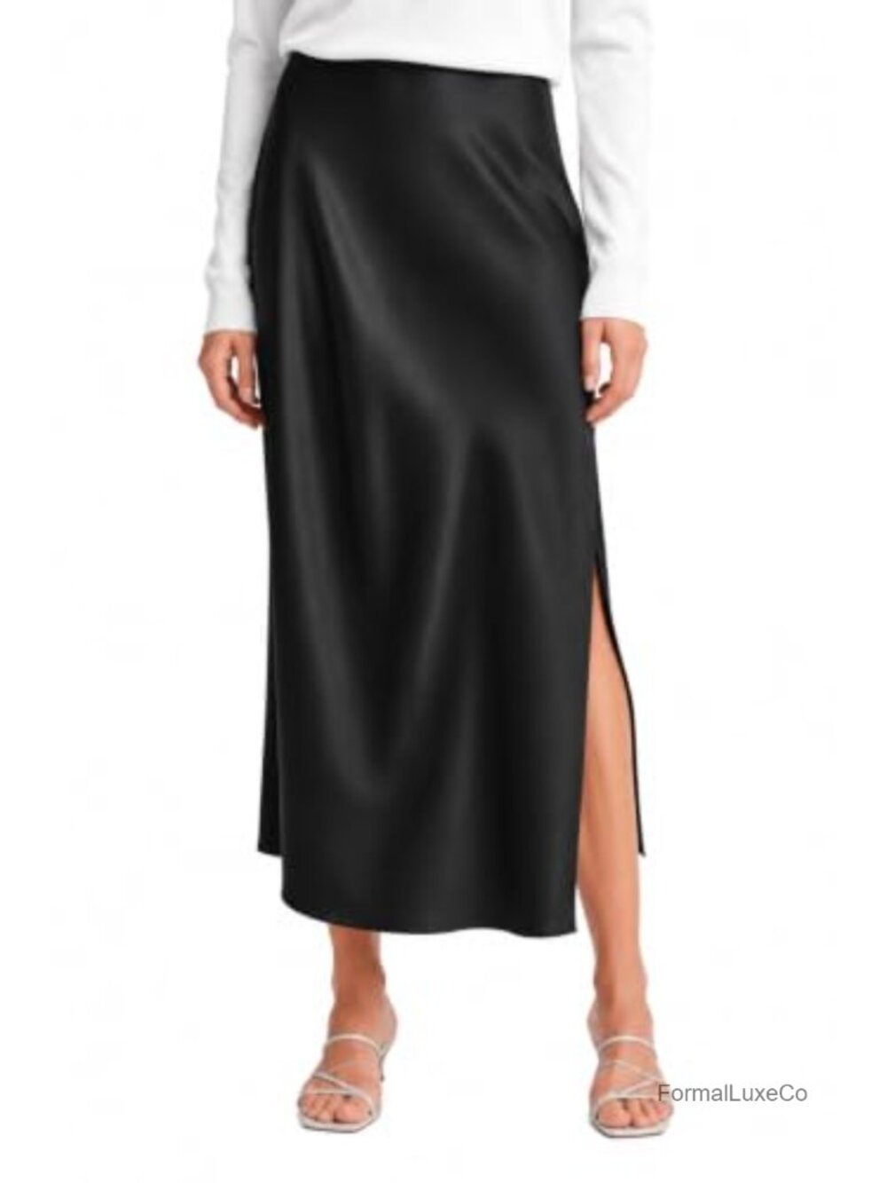 Satin High Waist Slit Maxi Skirt Long Flowy A-Line